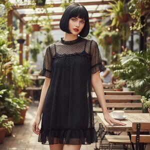 H&M DIVIDED Black Mesh Sheer Ruffle Dress M 10 Goth Punk Y2K Polka Dot Mini